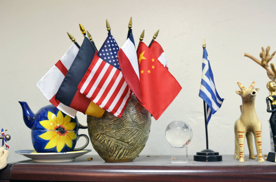 The office of Nicholas Kalaitzandonakes has a vase with several international flags, representing the countries of his fellow EMAC team members. 