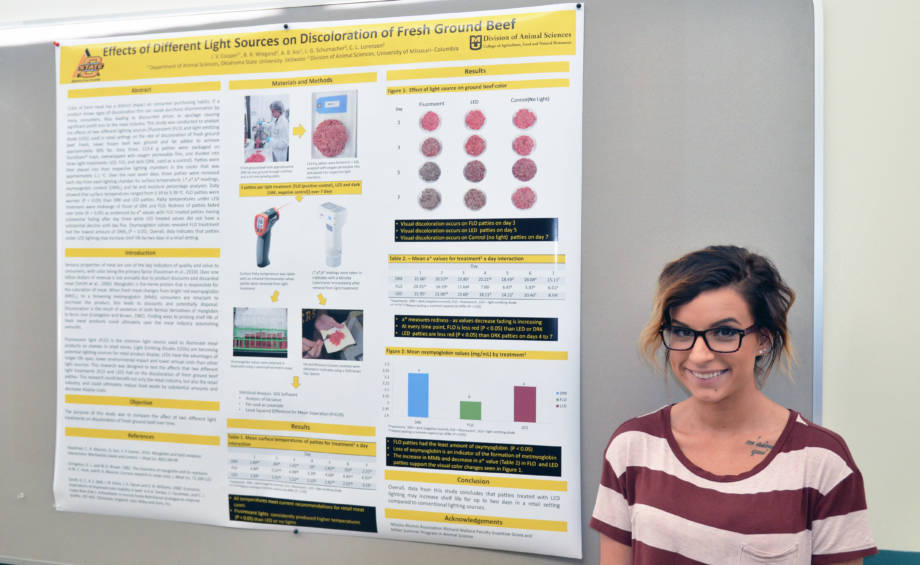 Jade Cooper stands next to the poster about the initial research on light sources affecting the color of ground beef down back in the summer of 2014. Photo by Stephen Schmidt.