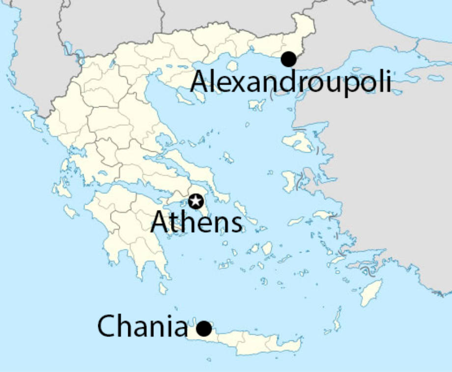 The Greek hometowns of Theodoros Skevas and Nicholas Kalaitzandonakes is approximately 382 miles, as the crow flies. Graphic courtesy of Wikimedia Commons.