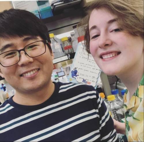 Sam Yanders (right), a junior majoring in plant sciences, has worked in the same lab since her freshman year. Yanders is pictured with her research mentor, Daewon Kim, a postdoctoral fellow. Photo courtesy of Sam Yanders.